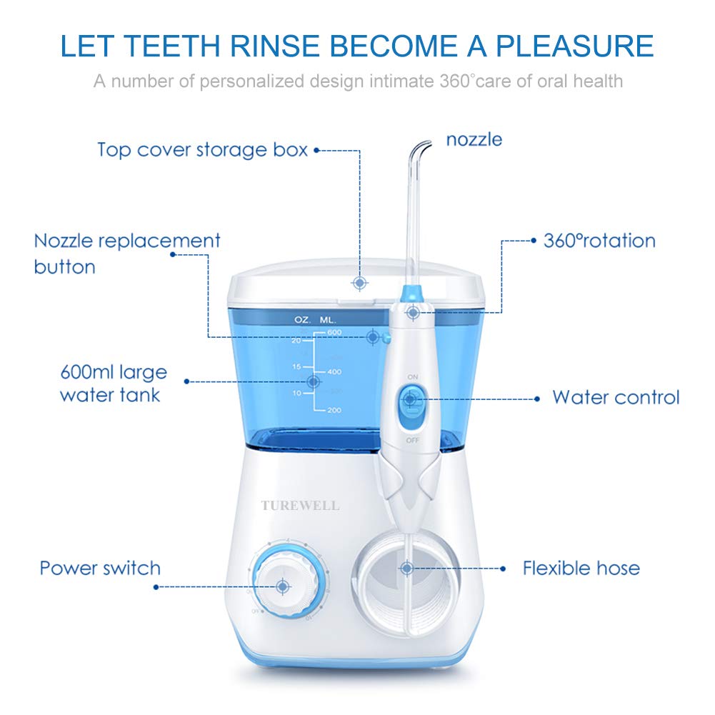 TUREWELL Water Flossing Oral Irrigator, 600ML Dental Cleaner 10 Adjustable Pressure, Electric Oral Flosser for Teeth/Braces, 8 Replacement Jet Tips for Family (White)