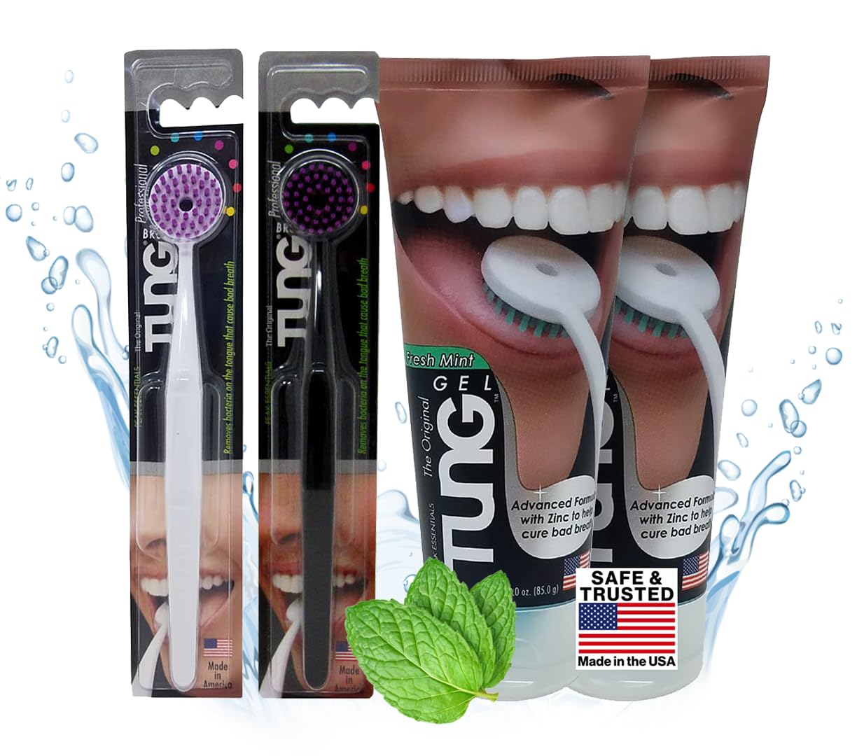 Tung Tongue Cleaning Kit, Tung Brush and Gel, Bad Breath Odor Eliminator, Halitosis Defense, USA Made (Set of 2)