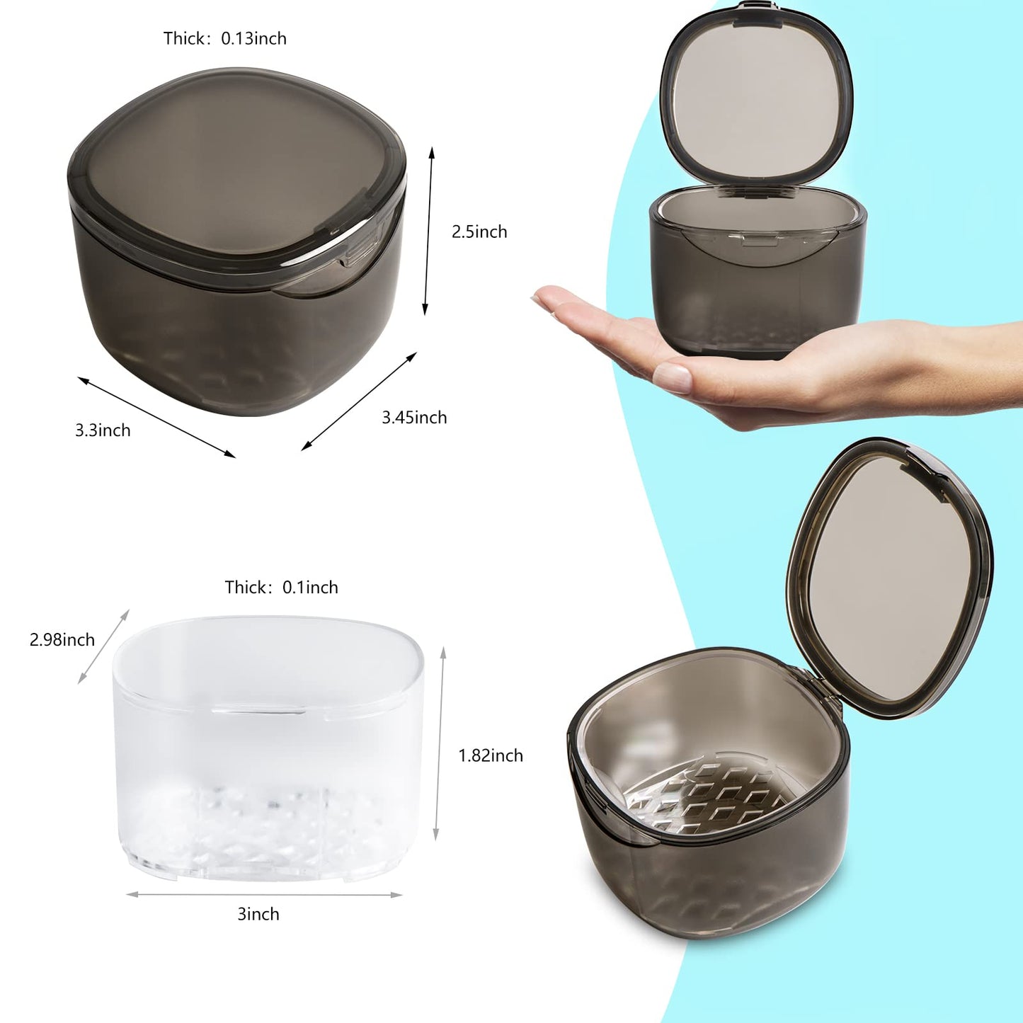 Uouovo Upgraded Denture Bath Box Cup, No-Leak Denture case,Retainer Cleaning Box, Complete Clean Care for Dentures, Clear Braces, Mouth Guard, Night Guard & Retainers (transparent grey)