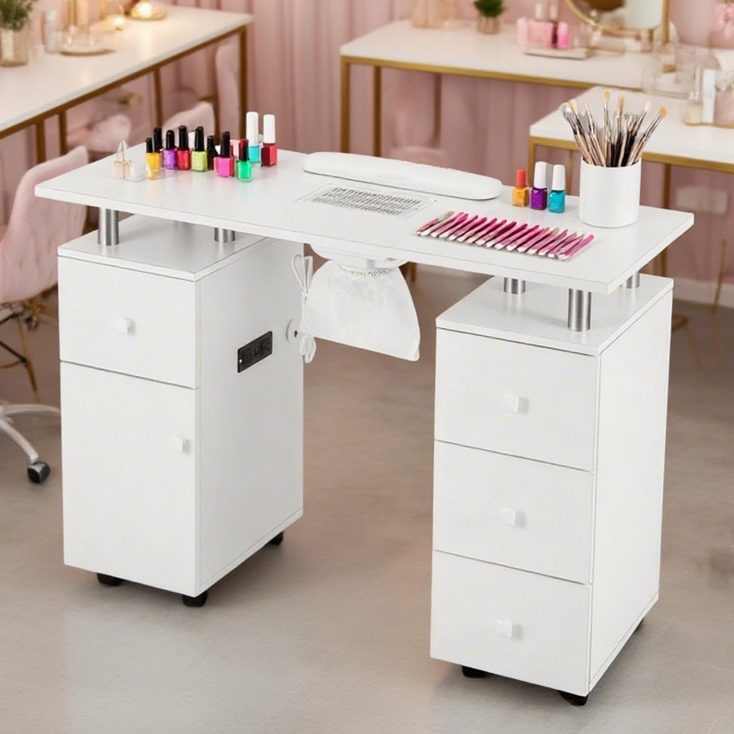 Manicure Table Nail Tech Desk with Electric Dust Collector, Nail Table Station w/Charging Socket, 4 Drawers, Lockable Wheels & 2 Wrist Rests – Professional Nail Station for Salon & Home, Snowy White