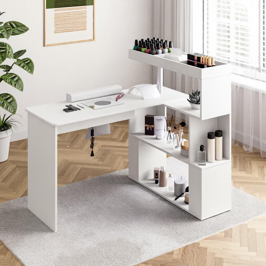 HolaiNail Manicure Table, L-Shaped Nail Tech Desk with Dust Collector, Reversible Rotating Table & Storage Shelf, Acetone Resistant Beauty Salon Station, White