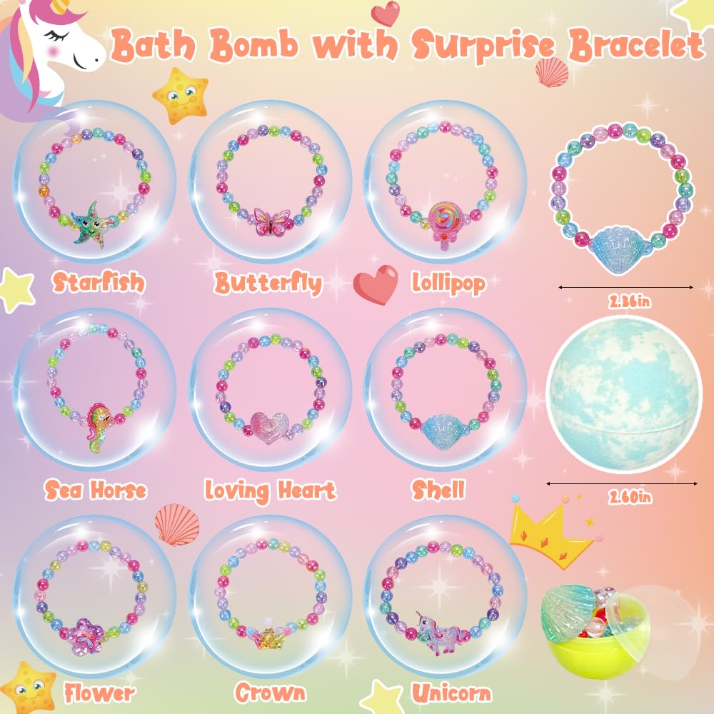 KAV Girls Bath Bombs Set of 9 — Surprise Bracelet Bath Bombs for Kids & Tweens, Fizzy Colorful Bath Fizzies with Collectible Bracelet Inside, Kid-Safe Scents & Moisturizing Oils — Party Favors & Gifts