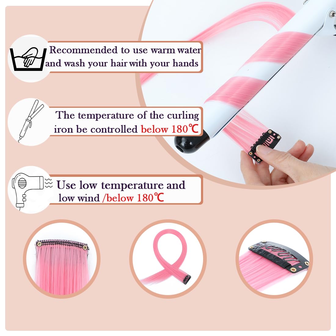 12 Pcs Pink hair extensions 22 Inch Straight colored hair colorful clip in extensions Highlight Party for Kids Girls and Women Gift(Pink,26)