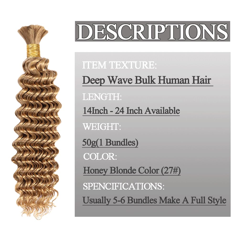 Human Braiding Hair For Braids Honey Blonde Deep Wave Bulk Human Hair For Braiding No Weft 12A Human Hair Braiding Hair Extensions 14 Inch 50g/1Bundle Wet And Wavy Human Braiding Hair