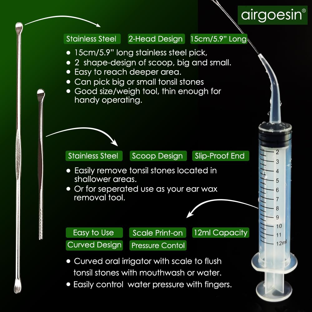 Airgoesin™ Upgraded Tonsil Stone Remover Tool, Blue, 5 Tips, Tonsillolith Pick Case + 1 Irrigator Fresh Breath Oral Rinse