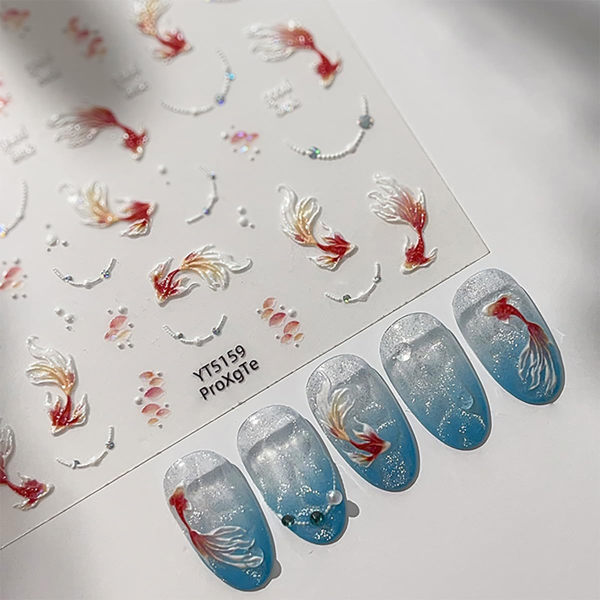 5D Embossed Koi Fish Nail Stickers Self-Adhesive Goldfish Nail Art Stickers Sparkly Koi Pearl Rhinestones Designs Cute Nail Art Supplies Glitter Nail Decals for Women Girls Acrylic Nail Salon DIY