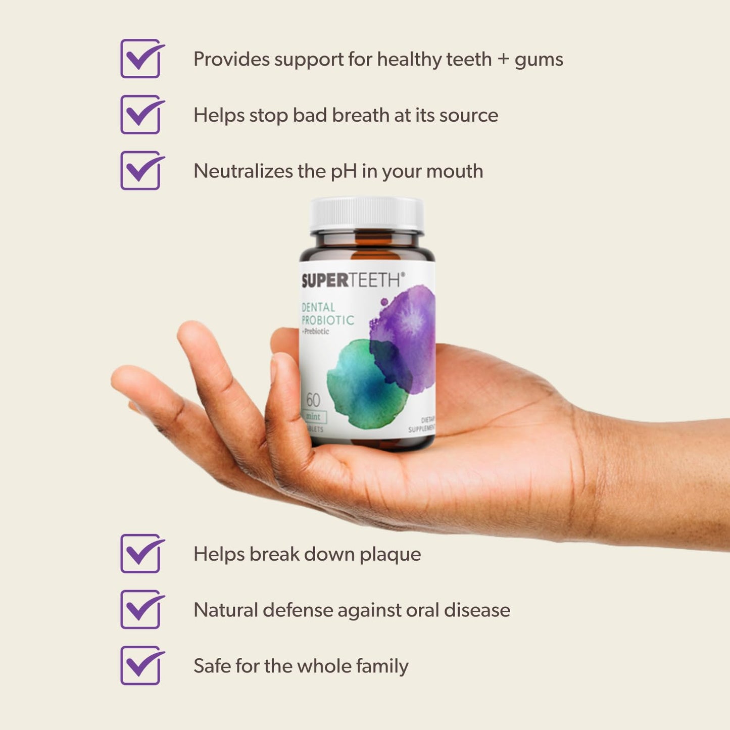 SuperTeeth Chewable Dental Probiotic for Adults & Kids | Support Healthy Teeth & Gums | Oral Health | Fights Bad Breath | BLIS M18 | 30 Mint Flavored Tablets | Fluoride & Sugar Free | Vegan Supplement