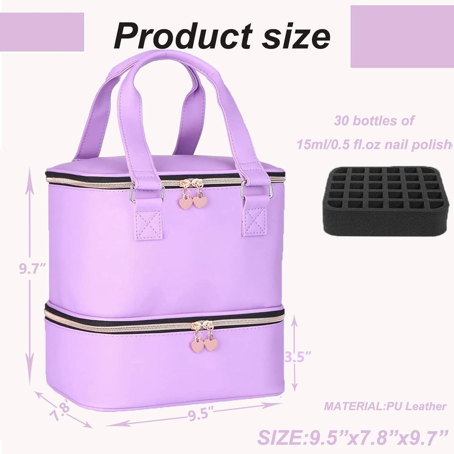 Nail Polish Organizer Bag with Travel Case for 30+ Bottles & Nail Lamp - Purple