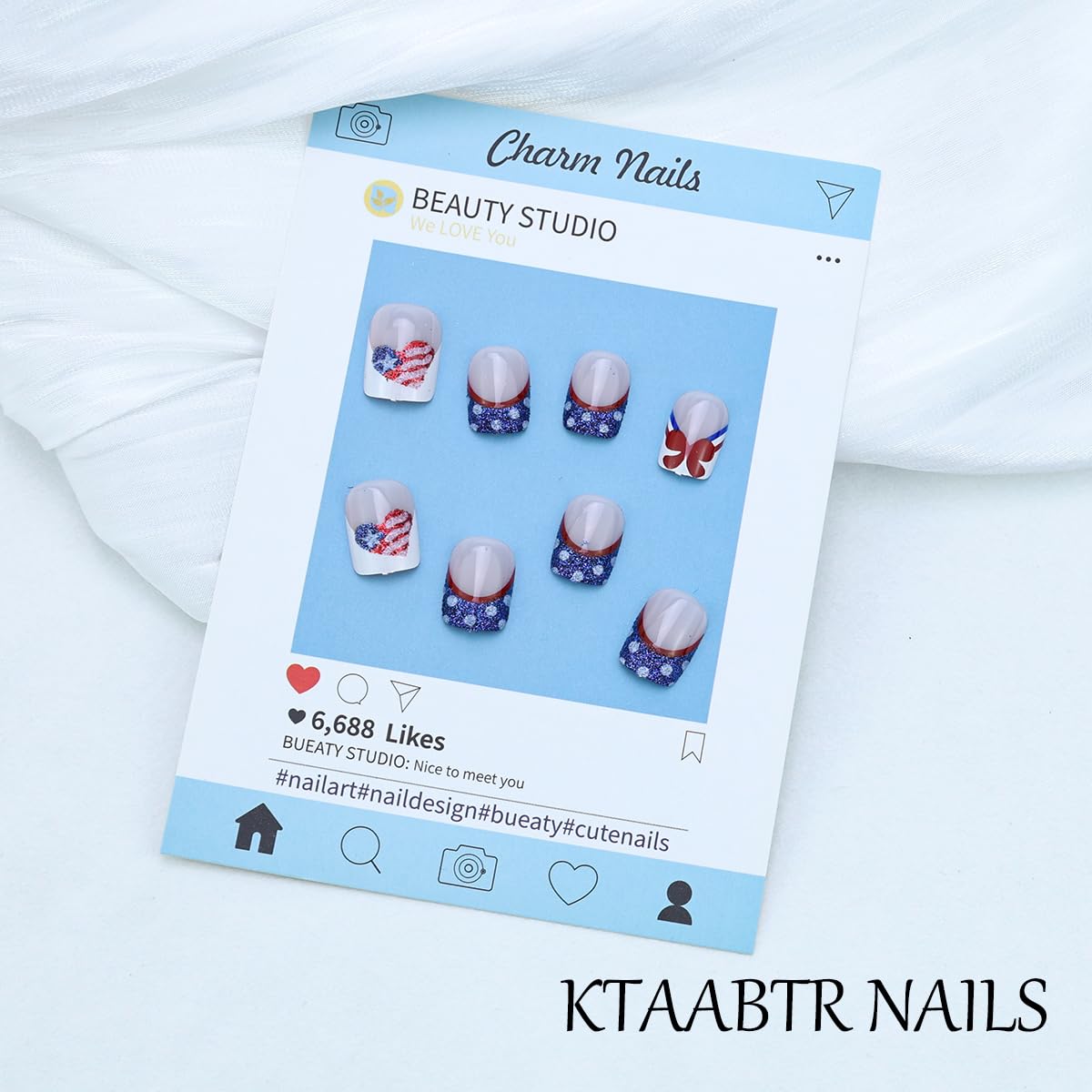 Independence Day Press on Nails Short Square French Tip Fake Nails with Dot Heart Bow Design 4th of July Acrylic Nails Full Cover Glossy False Nails for Women Manicure Decoration, 24PCS