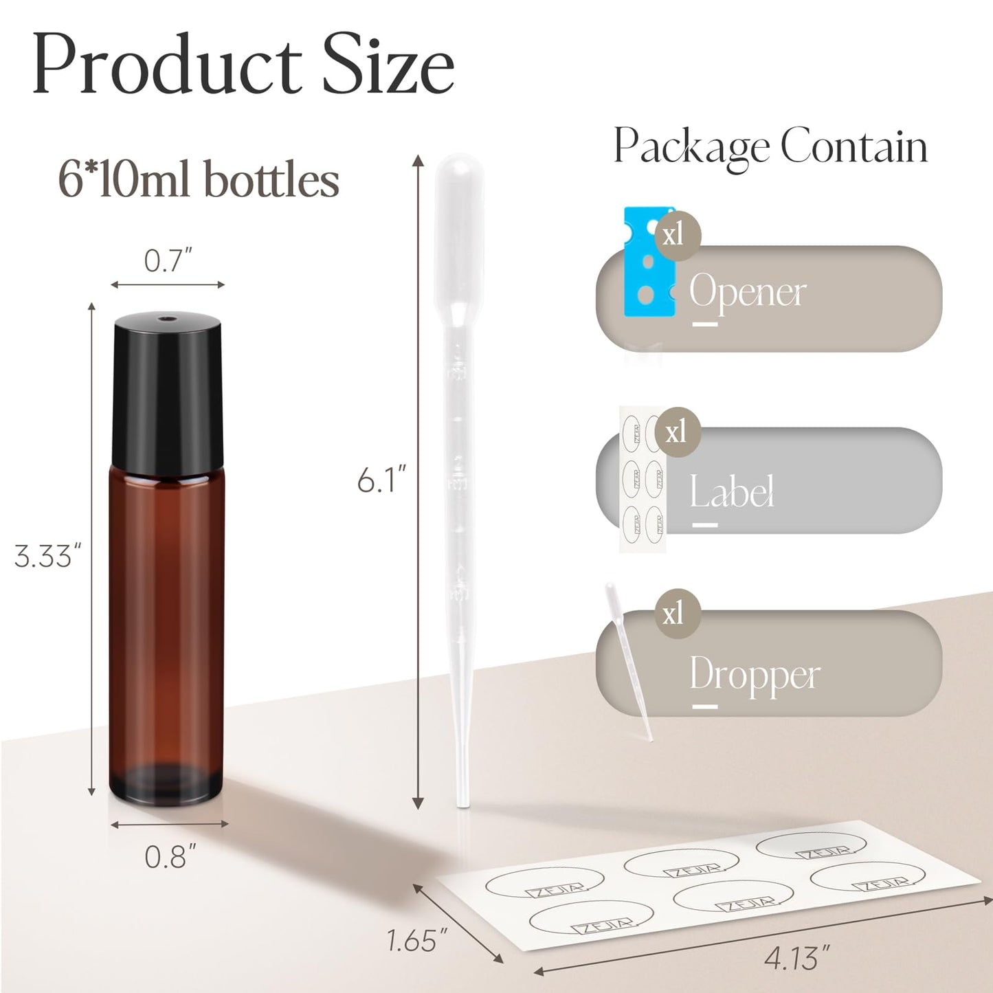 ZEJIA Amber Glass Roll on Bottles 10ml Roller Bottles | for Essential Oils, 6 Pack, Refillable Perfume Bottle, with Stainless Steel Roller Balls, 2 Droppers, 1 Opener, Labels