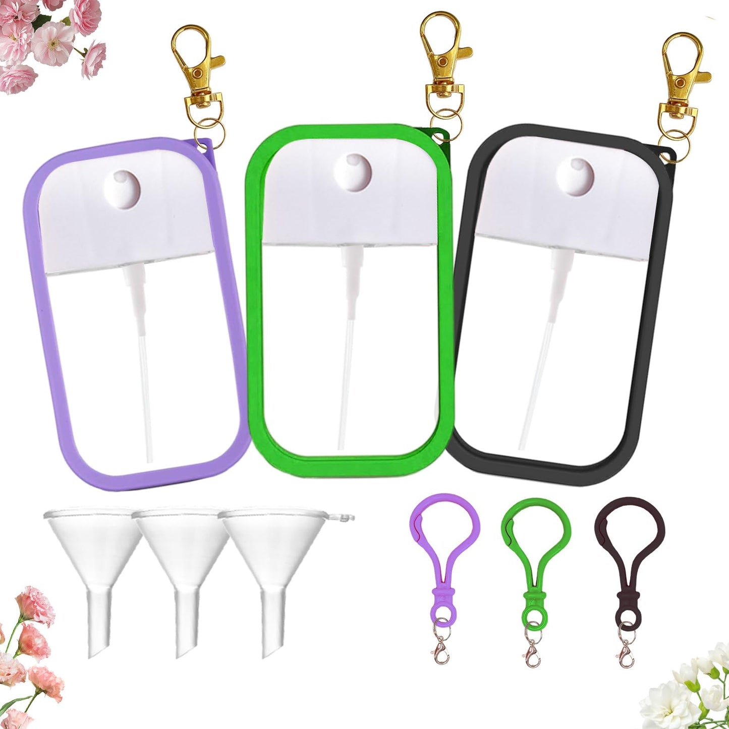 Silicone Case for Hand Sanitizer Spray 2025 Upgrade,Protective Case with Keychain,Non-Slip Grip,with Dust Cover& 50ml Portable Spray bottle&funnel (purple+green+black)