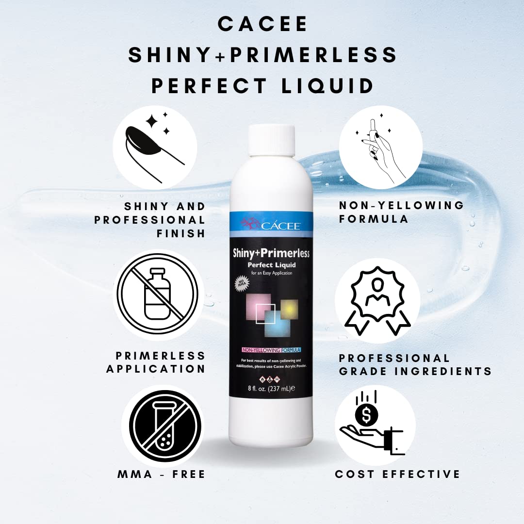 Cacee Shiny + Primerless Acrylic Nail Monomer Liquid 8 oz - Smooth, No Primer Needed, Non-Yellowing Formula, Compatible with Acrylic Nail Powder Set and Brush, Made in USA