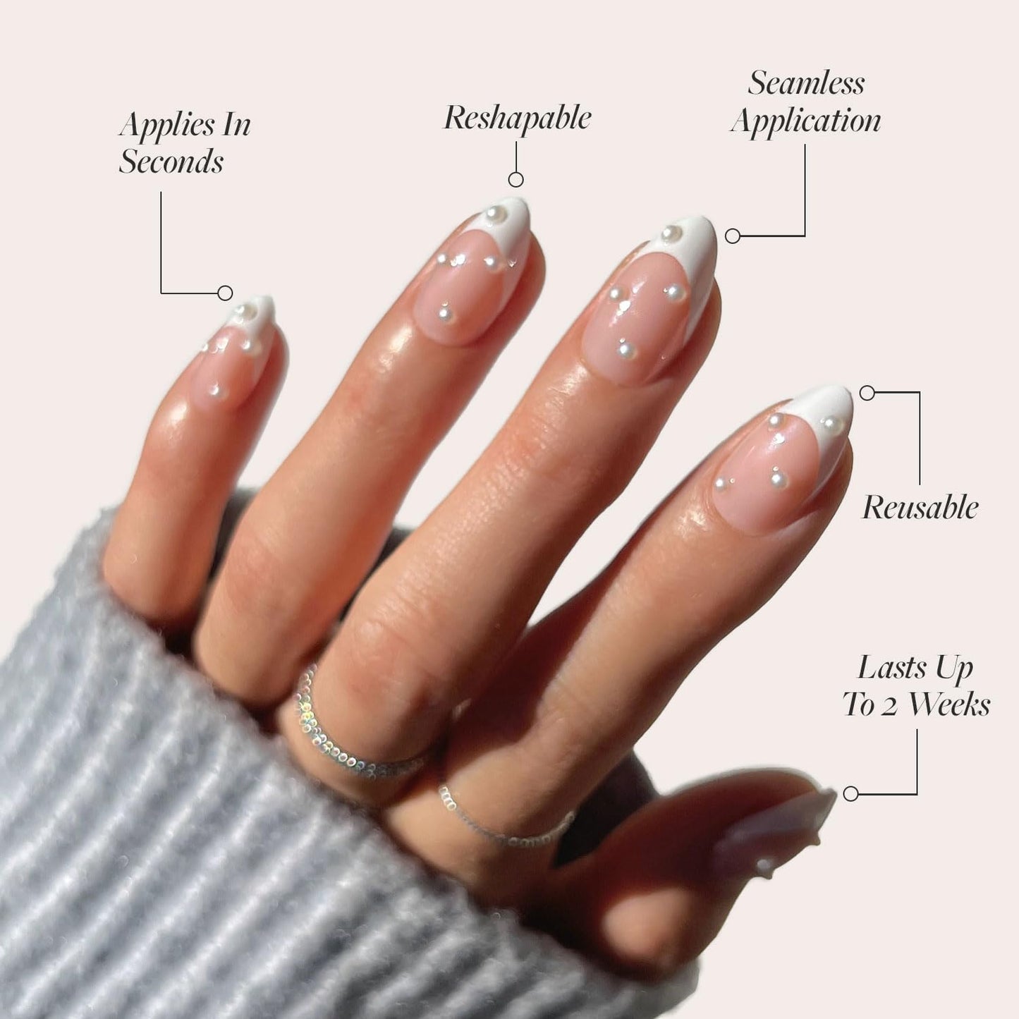 Glamnetic Press On Nails - French Pearl | Glossy, Short Almond French Tip Nails with 3D Accents, Salon Quality | 15 Sizes - 30 Nail Kit with Glue