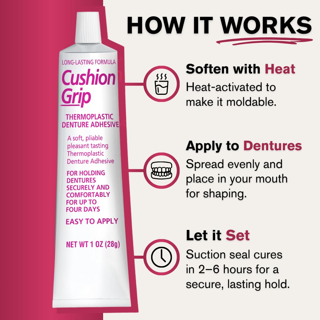 Cushion Grip Thermoplastic Denture Adhesive, 1 oz - Refits and Tightens Loose Upper and Lower Dentures and Partials | Non-Glue Adhesive, Acts Like a Soft Reliner