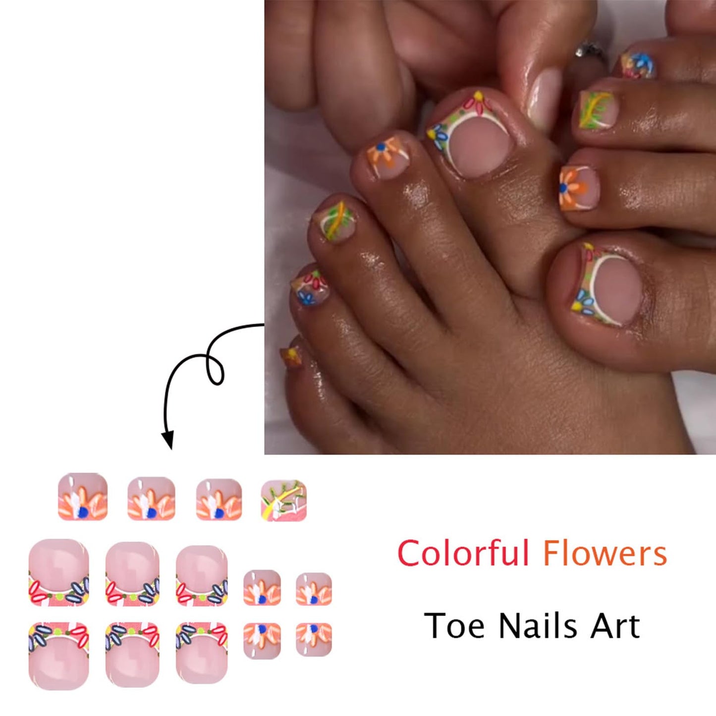 Colorful Flower French Tip Press on Toenails Square Fake Toe Nails Summer Floral False Toenails Glossy Acrylic Toe Nails Reusable Full Cover Artificial Toenails for Coquette Women 24Pcs