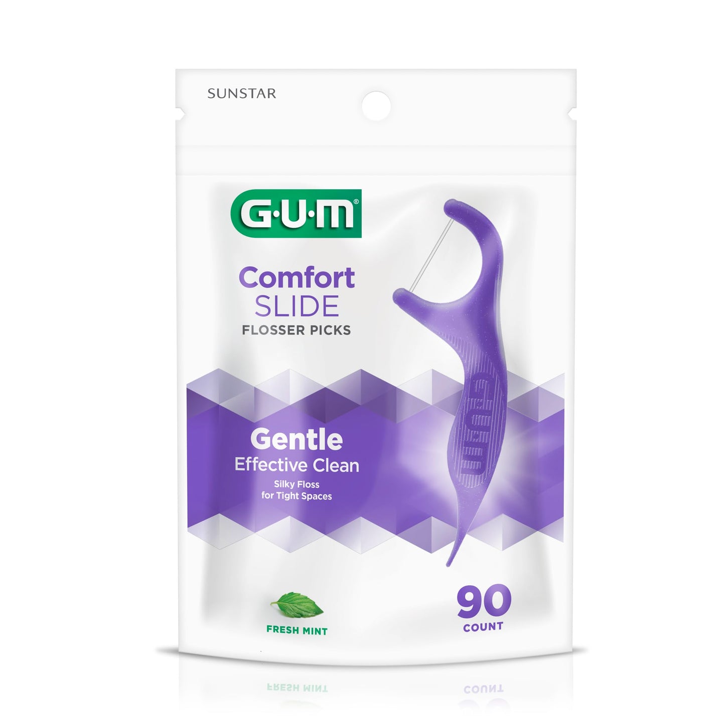 GUM Comfort Slide Floss Picks - Perfect for Tight Teeth - Extra Strong Shred-Resistant Dental Floss, Easy Grip Handle - Dental Flossers for Adults - Fresh Mint Flavor, 90 Count