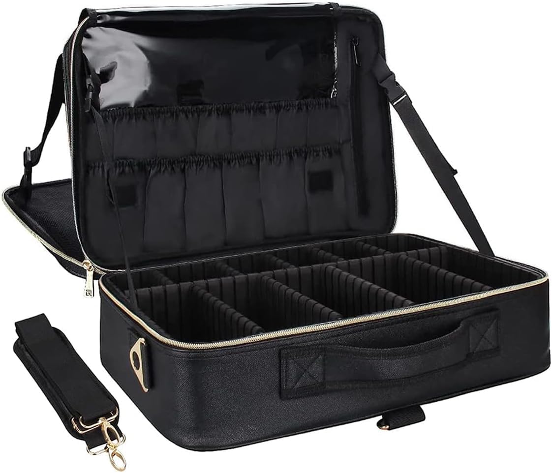 Relavel Portable Travel Makeup Case Organizer with Adjustable Dividers - Black Cosmetic Storage for Brushes, Toiletries & Jewelry