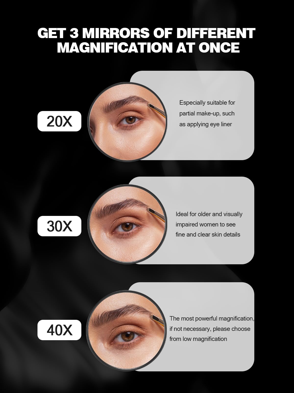 Macaki 20X/30X/40X Magnifying Mirror with Suction Cups and Tweezers Set, 3.5 inches Travel Magnified Makeup Mirror, Black, 3PCS