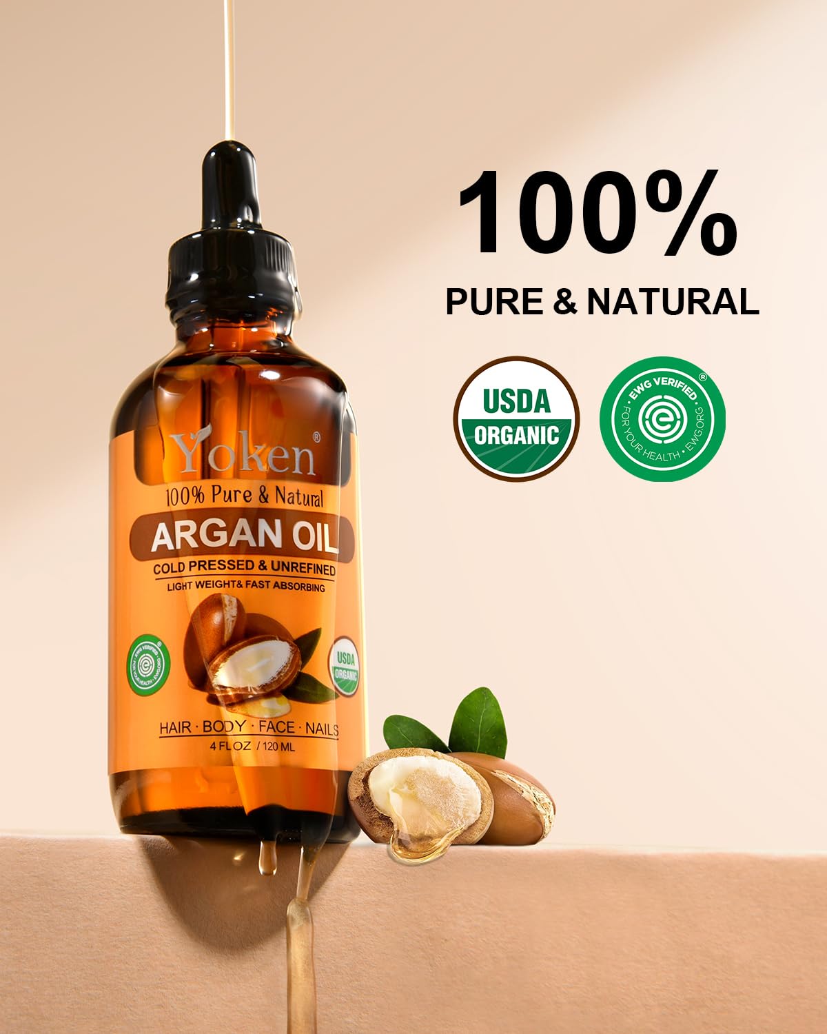 Yoken Organic Argan Oil for Hair 4 Fl Oz, USDA Pure and Natural Morocco Argan Oil, Argon Oil For Hair, Scalp, Face & Skin Care, 100% Cold Pressed Hair Conditioner, Unrefined Argon Nails Carrier Oil