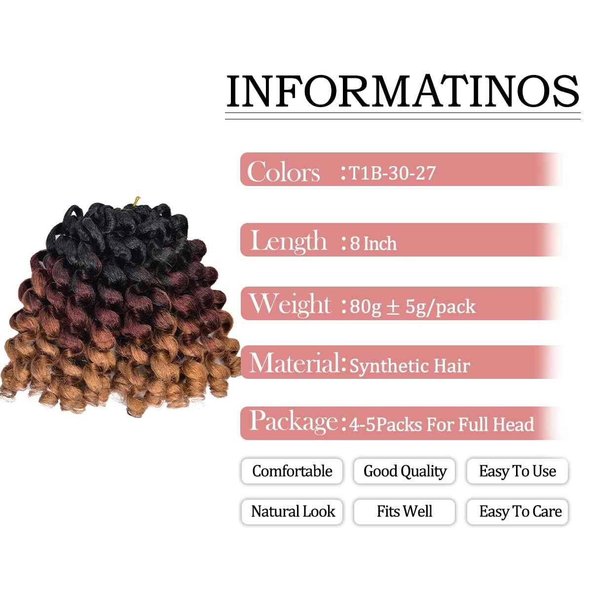 Wand Curl Jamaican Crochet Hair 8 Inch 5 Packs T1B/27/30 80g/pcs Ringlet Twist Hair Extension Crochet Braids