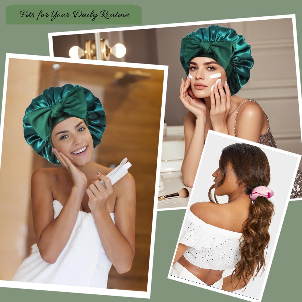 1+3 Large Satin Bonnets with Scrunchies for Women, Double Layer Hair Bonnet Tie Bonnet for Sleeping Braids Curly Hair, F