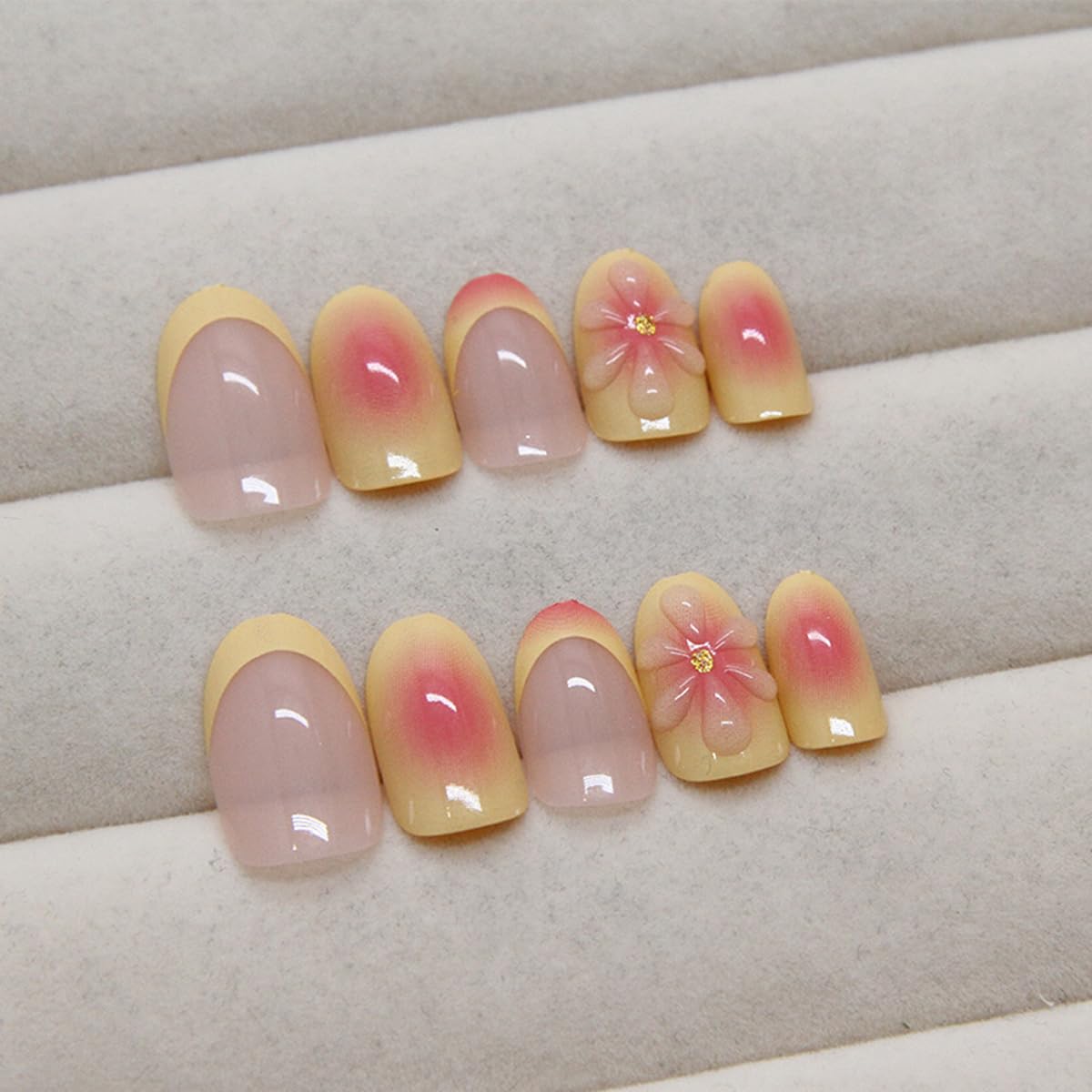 French Press on Nails Short Oval Fake Nails 3D Gelnail Flower Design Ombre Acrylic False Nails Kit Summer Glue on Nails Almond Press on Nails French Tip Nails Glossy Stick on Nails for Women 24PCS