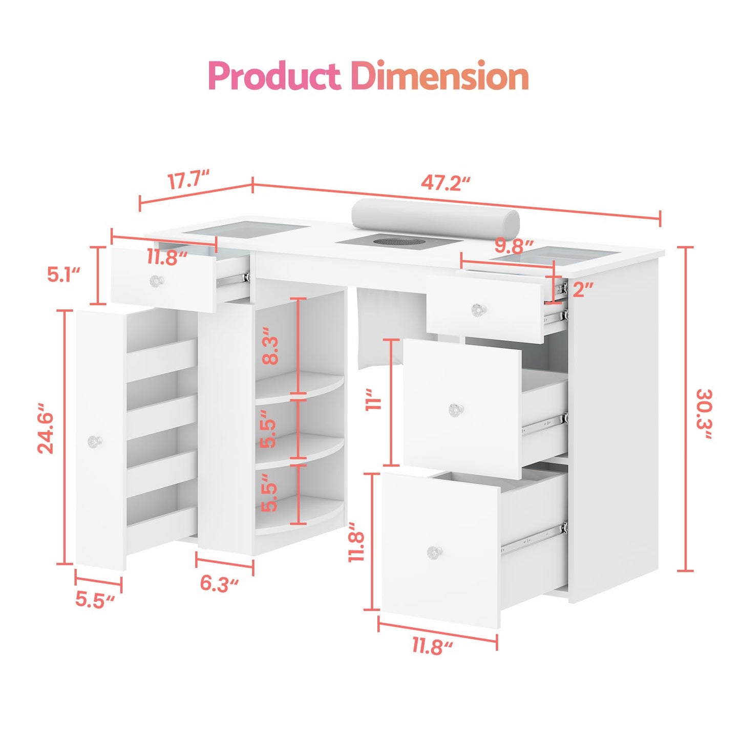 Manicure Table for Nail Tech with Glass Top, Visible Drawers & Trash Bag Holder, Acetone-Resistant Manicure Nail Desk, Beauty Salon Workstation with Wrist Rest & Electric Dust Collector (White)