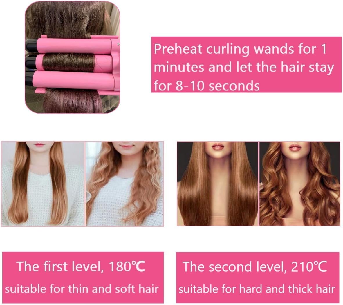 26mm 3-Barrel Curling Iron Wand - Adjustable Temperature Ceramic Hair Waver (Pink)