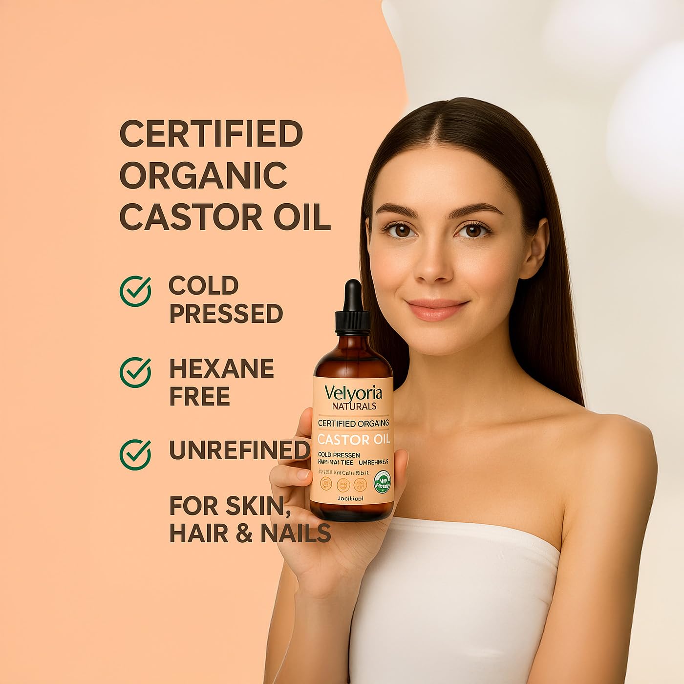 VELVORIA NATURALS Castor Oil Organic Cold Pressed Hexane Free - 4oz Glass Bottle. Pure Natural Oil for Hair, Eyelashes, Eyebrows.