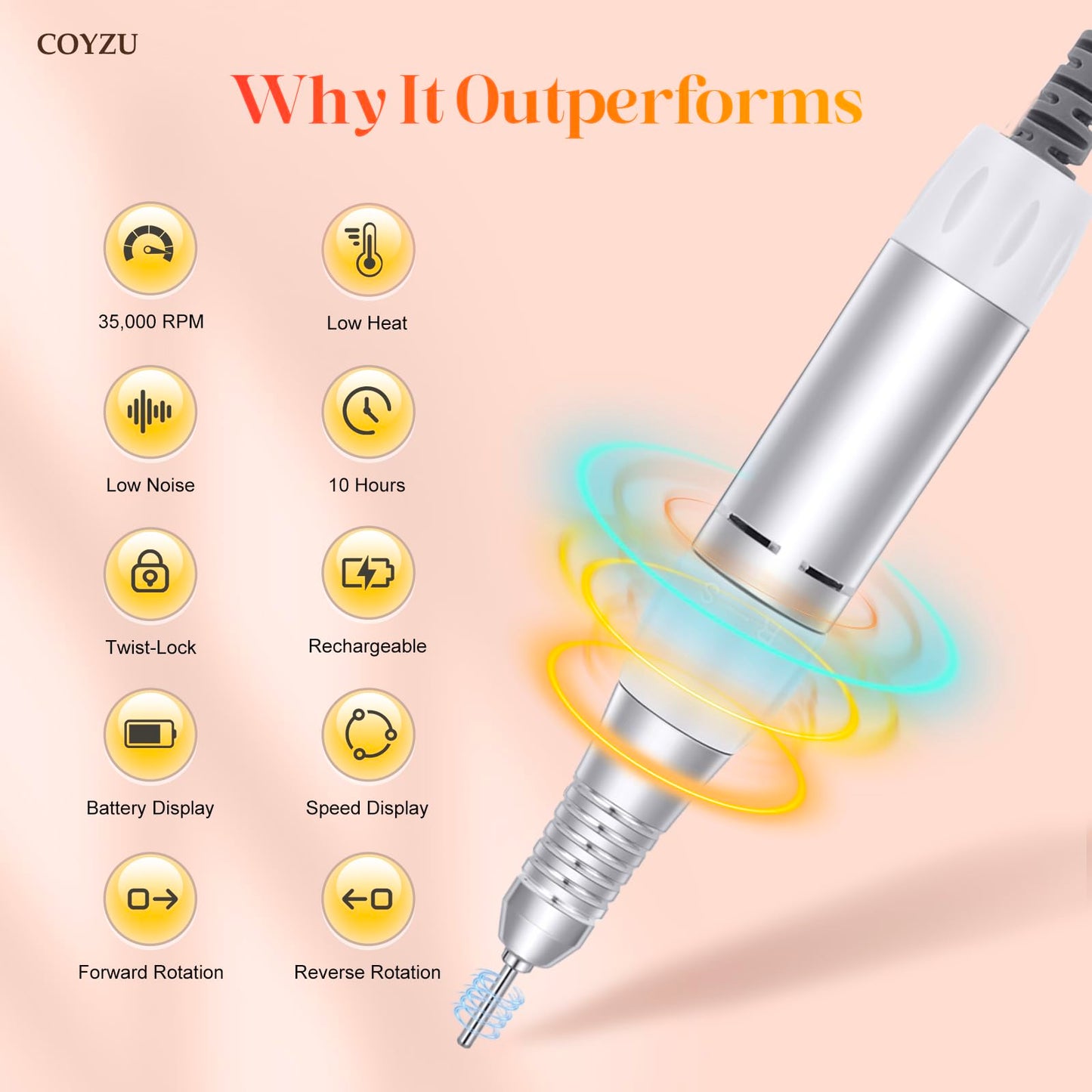 Professional Nail Drill Electric File:COYZU 35000RPM Portable Cordless Nail Drill Machine with Bits, Rechargeable E File for Acrylic & Gel Nails, Manicure & Pedicure Tech Tool for Home Salon, White