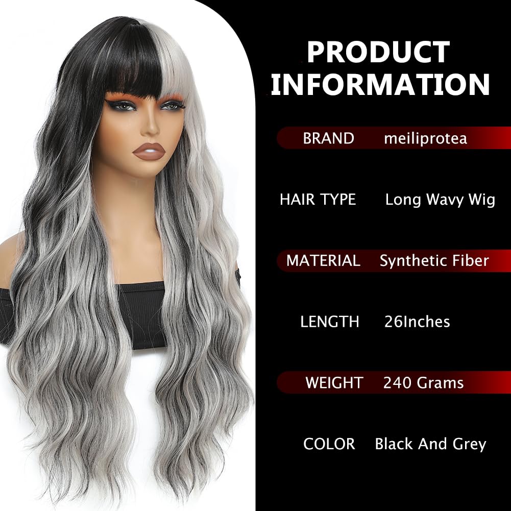 meiliprotea Long Wavy Silver Grey and Black Wig with Bangs Black Grey Split Dye Wigs for Women 26 Inches Glueless Synthetic Bangs Wig for Daily Christmas Party Cosplay Halloween Use (Black and Grey)