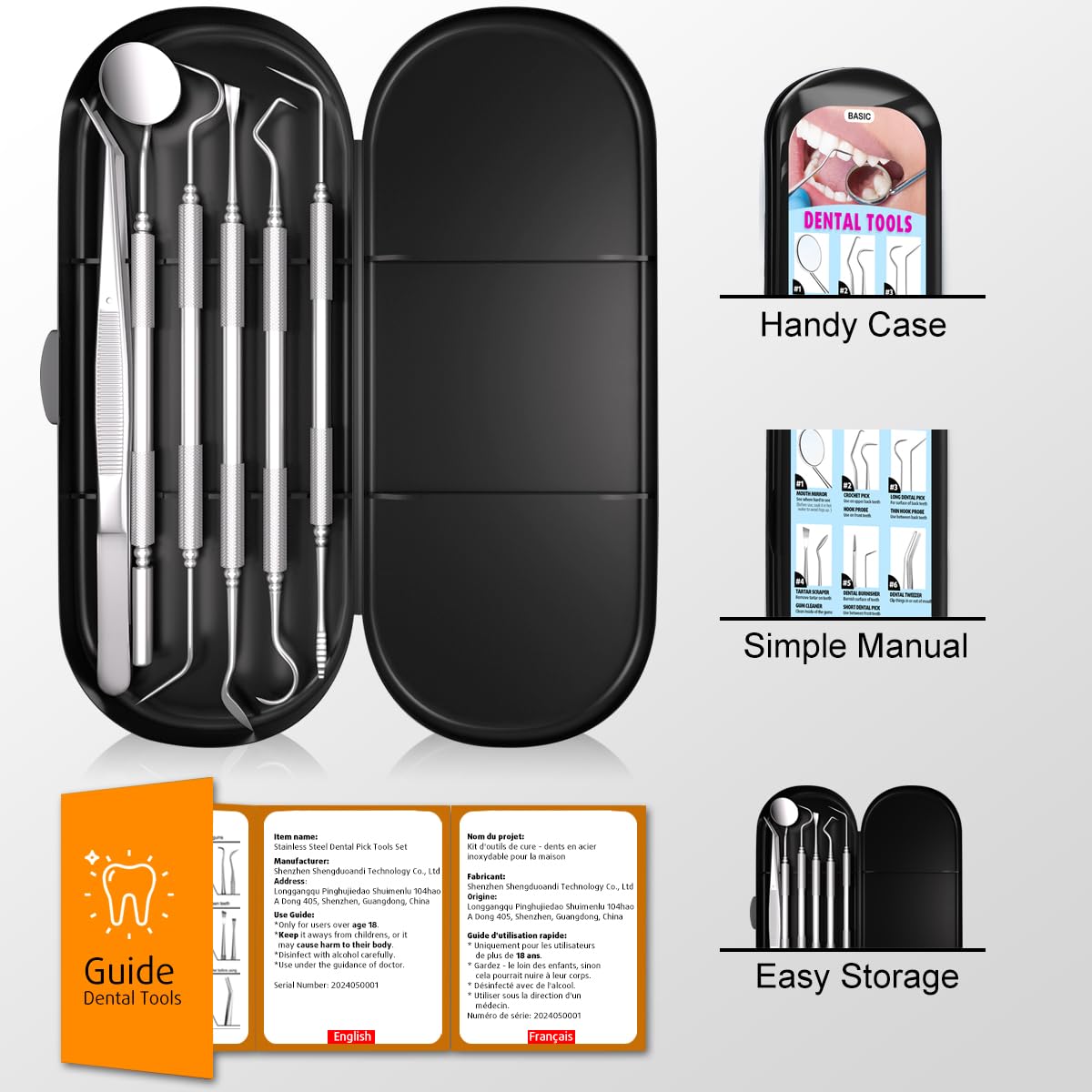 Dental Tools Plaque Remover Teeth Cleaning Tools Kit 6 Pcs Dental Care Kit Stainless Steel Dental Pick Tartar Remover Tool for Home/Travel/Pet Care-Storage Case Included