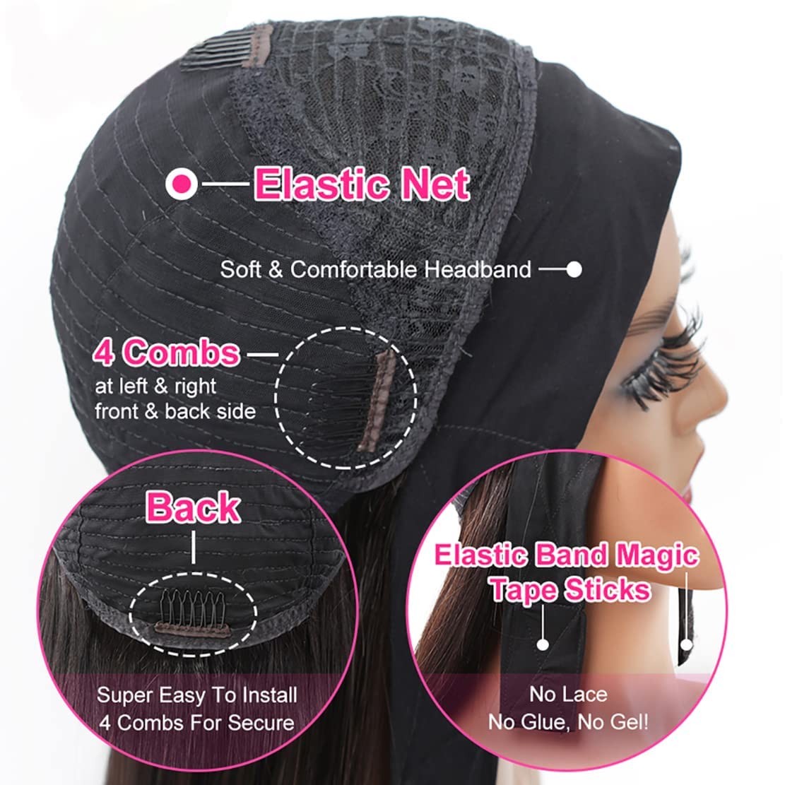 Lauberita Headband Wig Human Hair Wigs 14 Inch Wear and Go Glueless Wig Curly Deep Wave Headband Wig Natural Color