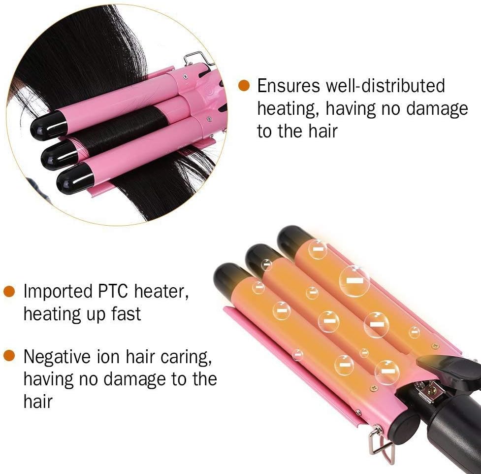 26mm 3-Barrel Curling Iron Wand - Adjustable Temperature Ceramic Hair Waver (Pink)