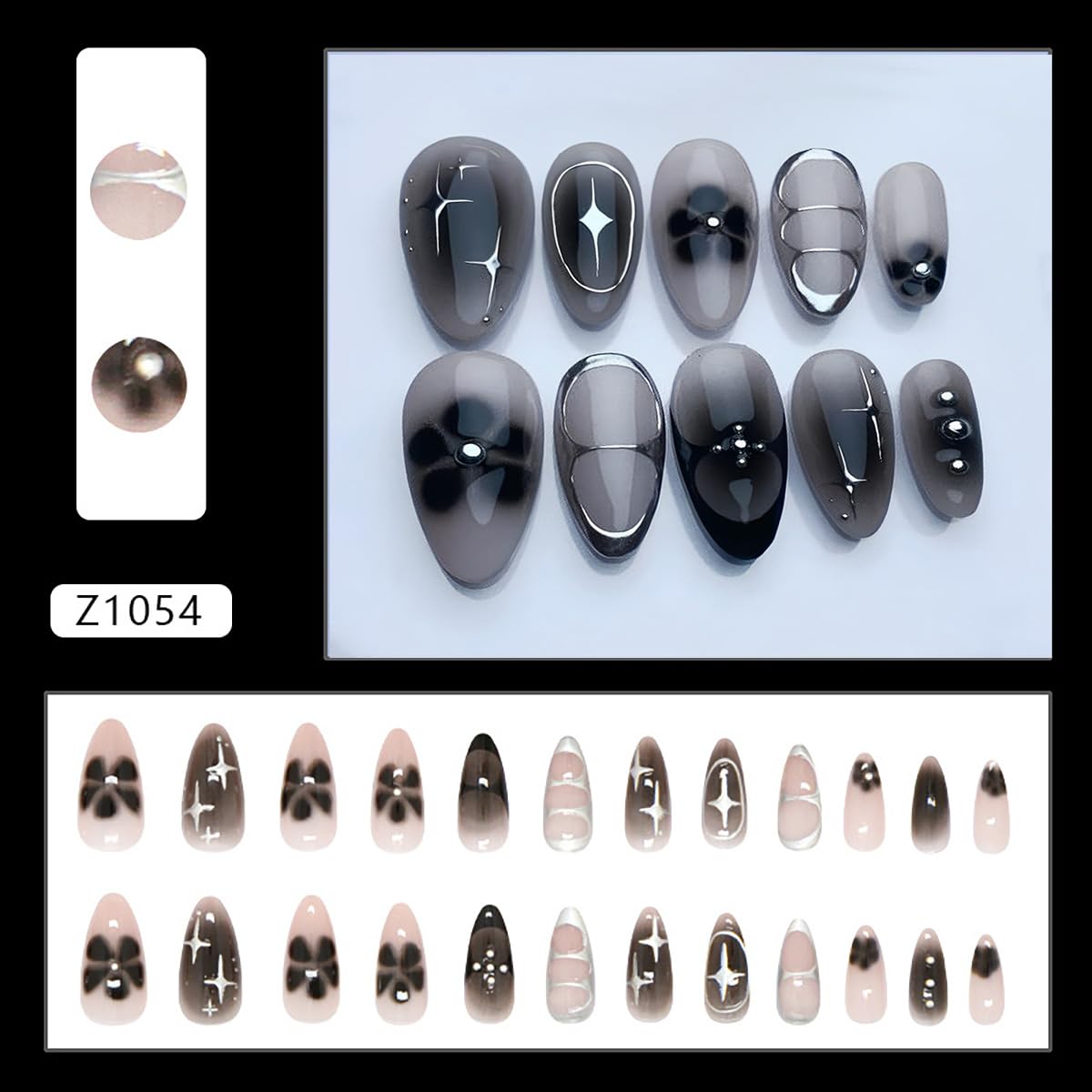 24Pcs Black Press on Nails Medium Almond Fake Nails Black Flower with Silver Star Full Cover Glue on Nails Reusable Acrylic Star False Nails Glossy Stick on Nails for Women Girls Manicure Salon Kits
