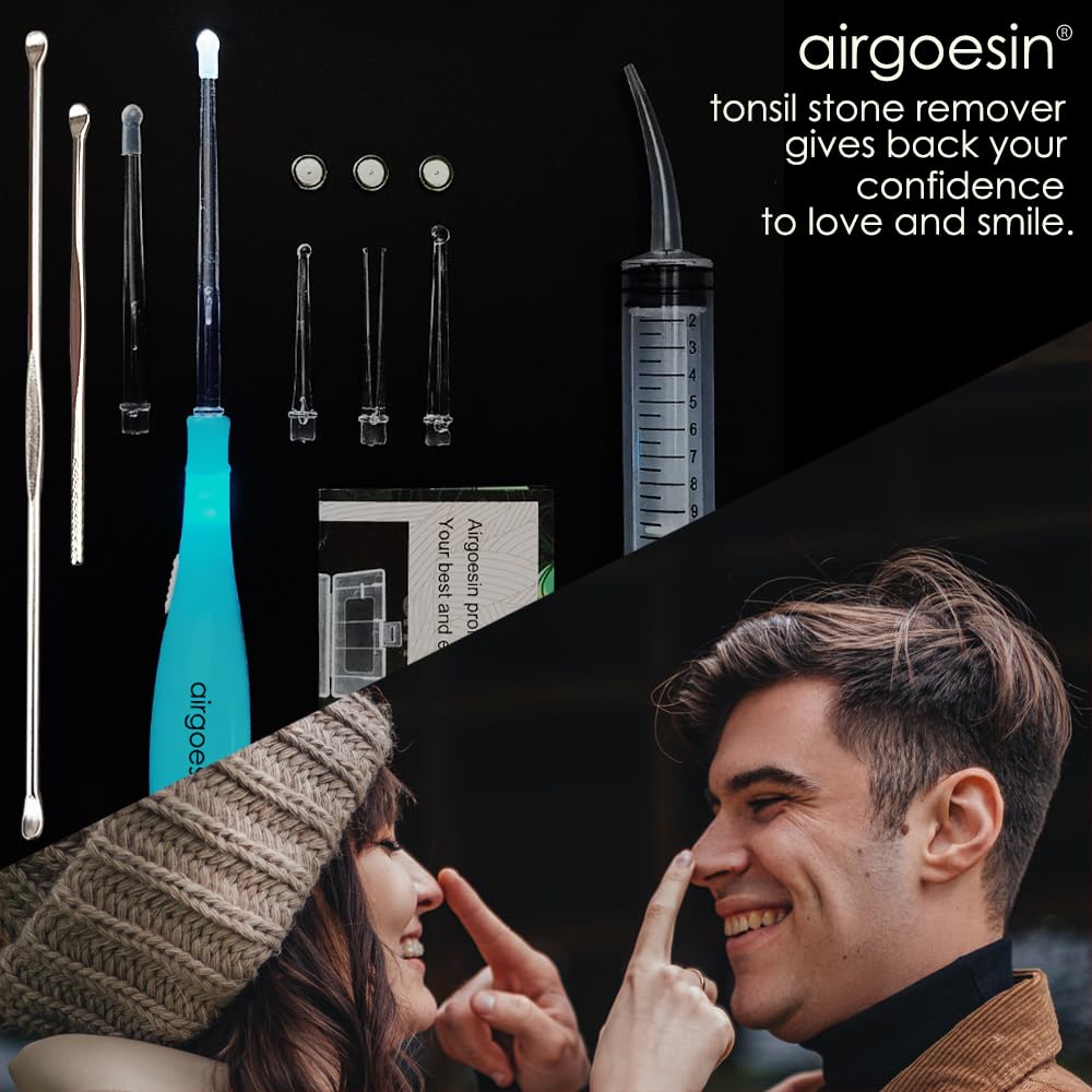 Airgoesin™ Upgraded Tonsil Stone Remover Tool, Blue, 5 Tips, Tonsillolith Pick Case + 1 Irrigator Fresh Breath Oral Rinse