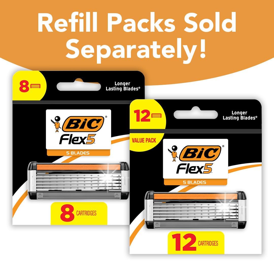 BIC Flex 5 Refillable Men's 5 Blade Razors, Holiday Grooming for a Smooth Shave, 1 Handle and 12 Cartridges-Pack, Stocking Stuffers