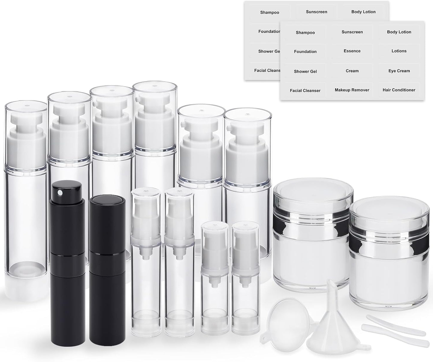 20 Pack Travel Pump Jars & Atomizer Spray Bottles - Leak Proof Cosmetic Containers for Shampoo, Lotion, Essential Oils