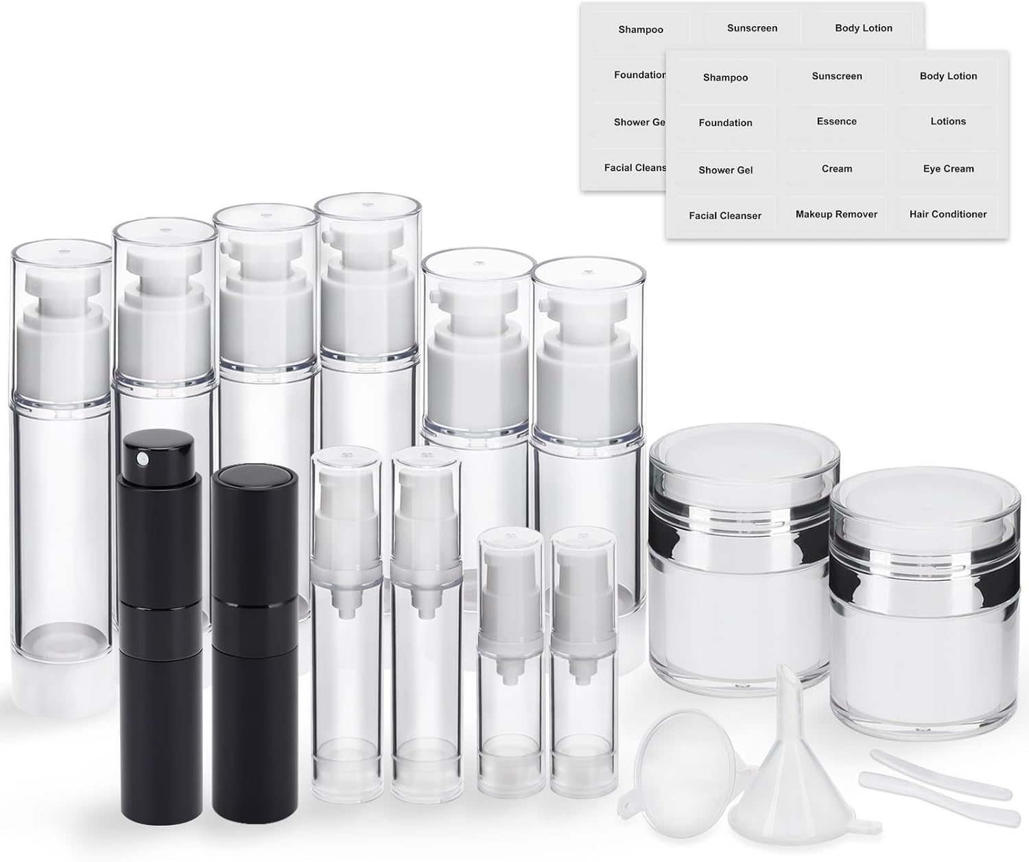 20 Pack Travel Pump Jars & Atomizer Spray Bottles - Leak Proof Cosmetic Containers for Shampoo, Lotion, Essential Oils