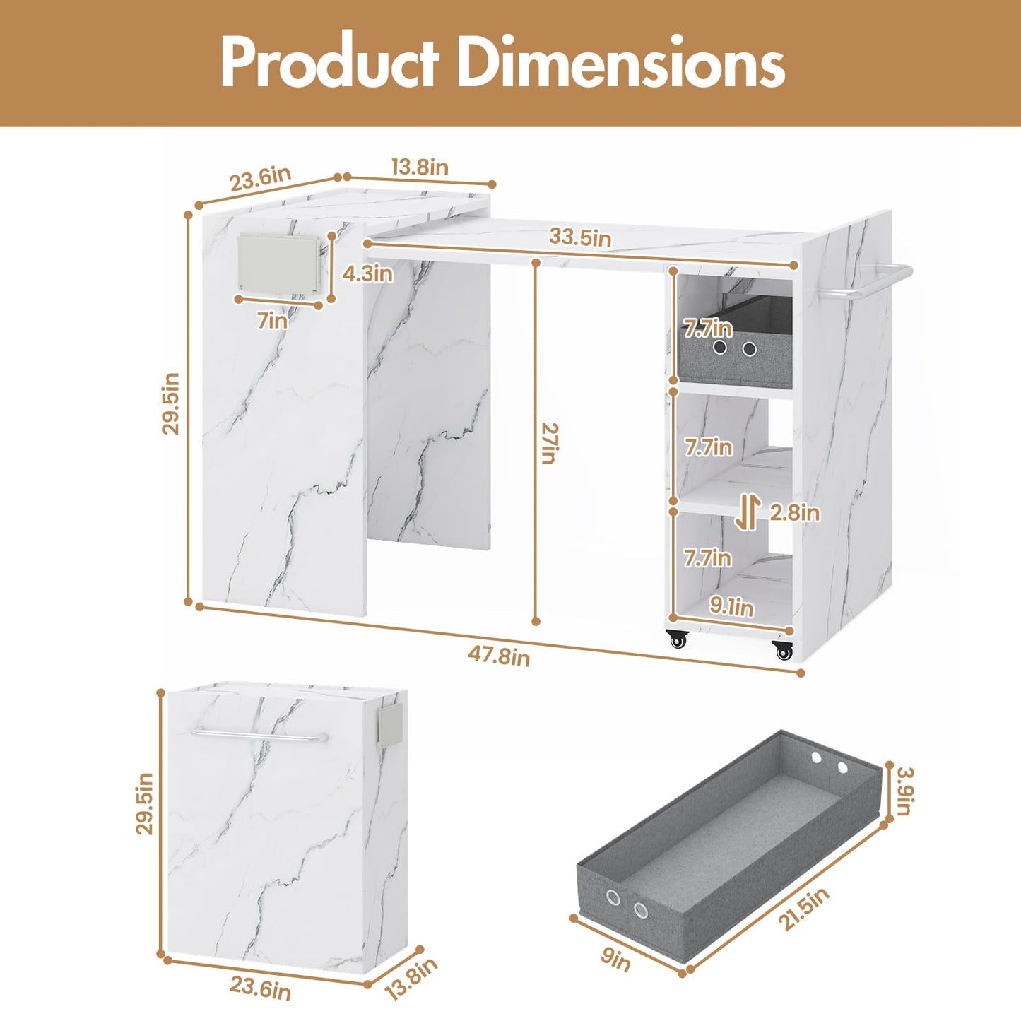 Foldable Manicure Table Nail Desk, Expandable Nail Tech Table with Storage Fabric Drawer Adjustable Shelf, Wall Mount Nail Station Modern Multipurpose Table Home Office Beauty Spa Salon, White Marble