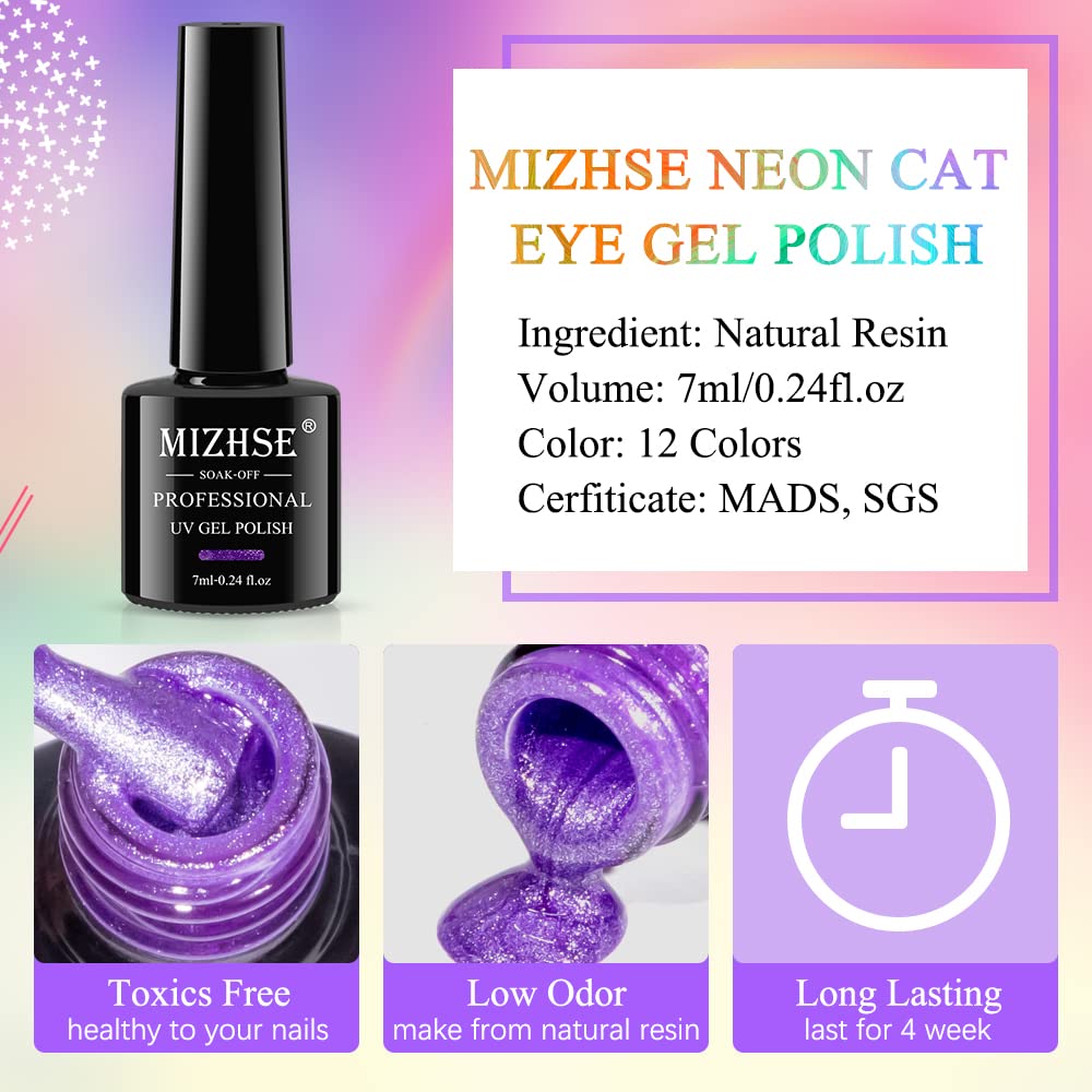 12-Pc MIZHSE Neon Cat Eye Gel Nail Polish Set - Magnetic Soak Off Manicure Kit, Blue Green Purple