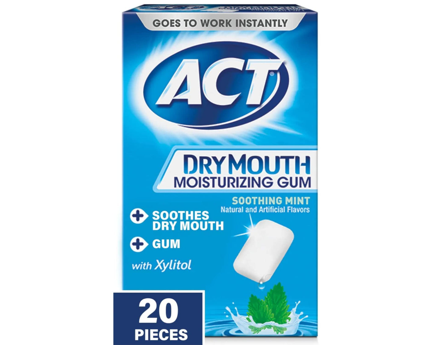 ACT Dry Mouth Moisturizing Gum, Soothing Mint, Sugar Free, 20 Count (Pack of 2)