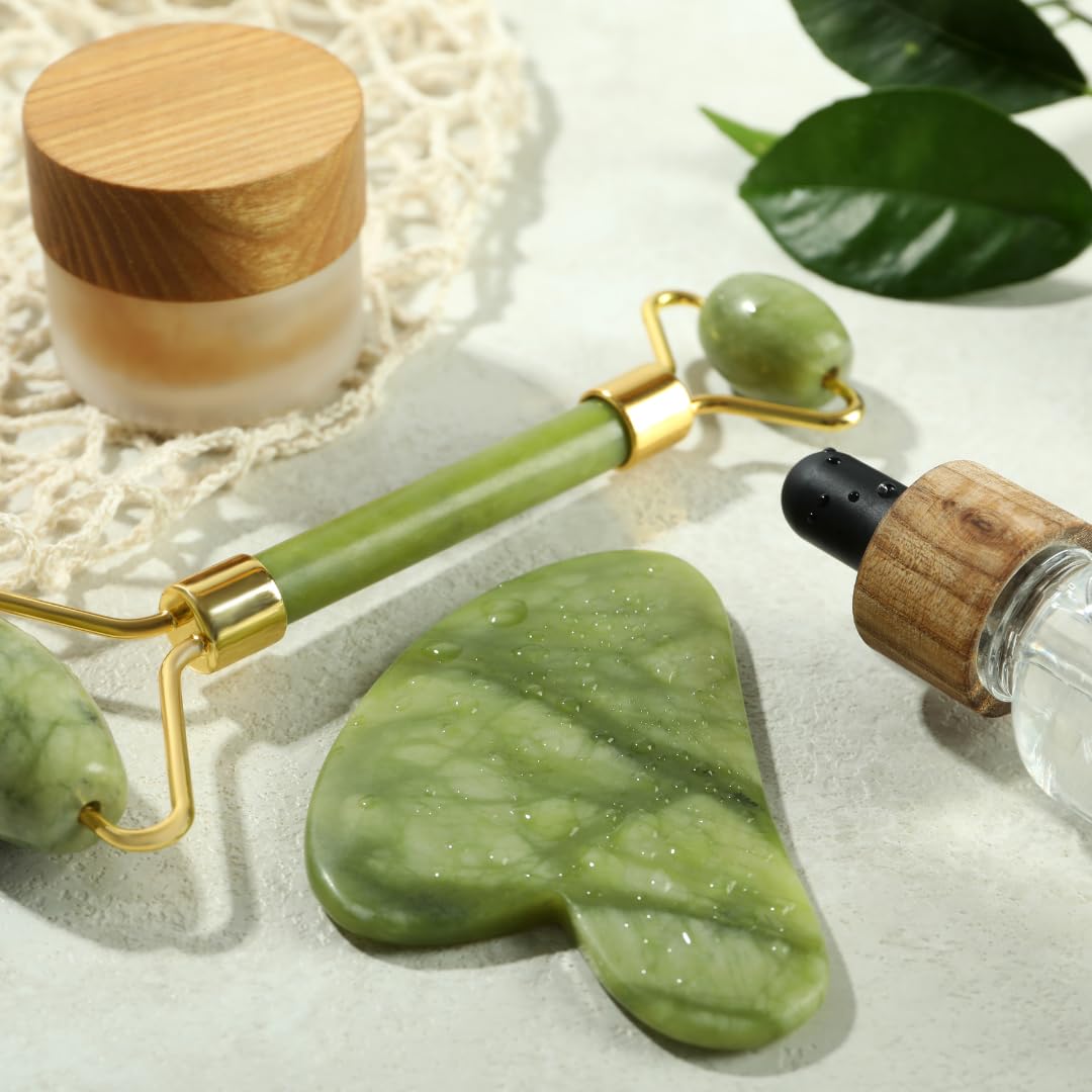 Gua Sha Facial Tool and Jade Roller Set –Anti-Aging Tools for Lymphatic Drainage, Puffiness, Wrinkles, and Relaxation – Skincare Tool for Face and Neck (Light Green)