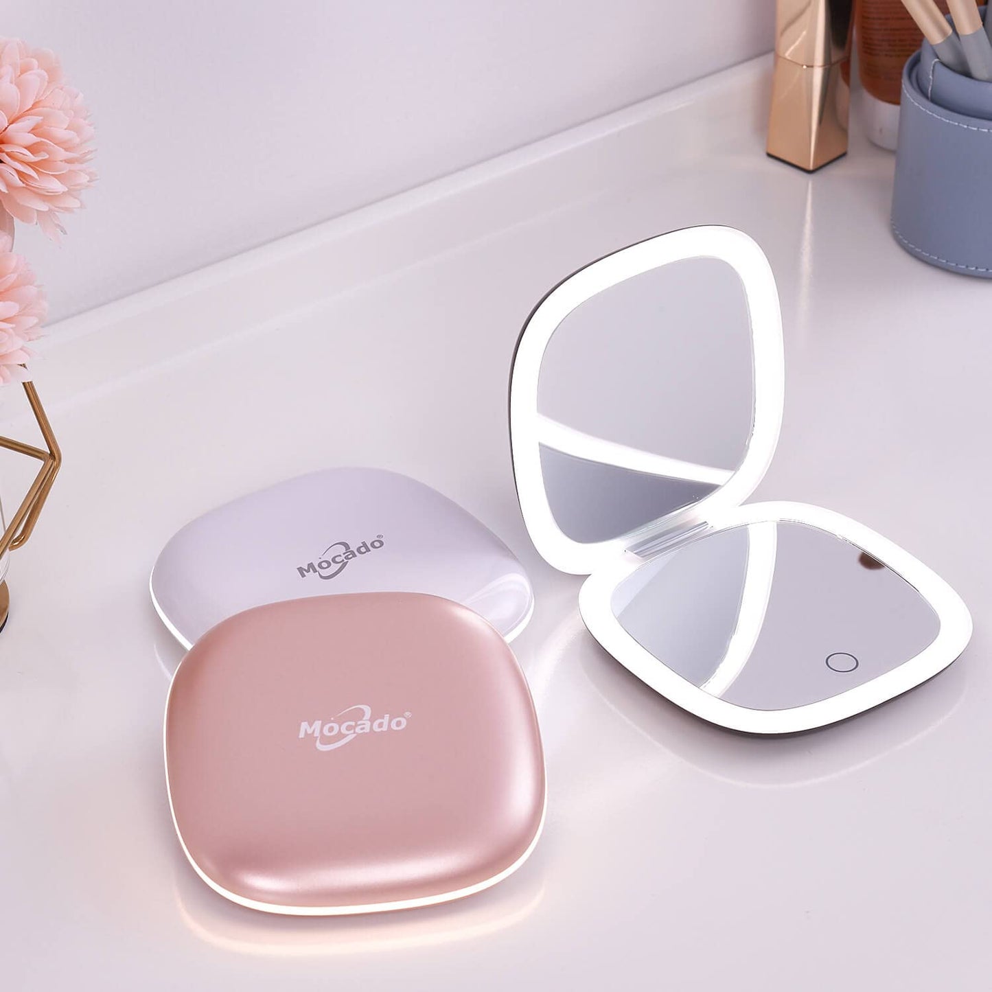 Mocado Compact LED Magnifying Travel Makeup-Mirror - 4 inches 1X/10X Magnification Small Hand Pocket Dimmable Double Sided USB Rechargeable Touch Screen, Portable Tabletop Cosmetic (Rose Gold)