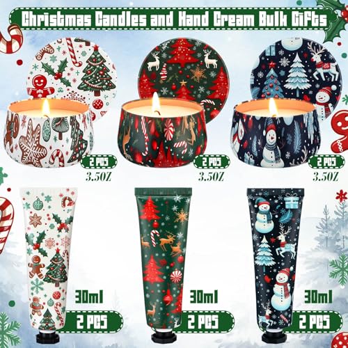 6sets/12pcs Christmas Bulk Gifts for Women 3.5oz Scented Candles & Hand Cream Lotion Set Christmas Stocking Stuffers Xmas Hand Cream Gift Relaxing Spa Set Travel Size Mini Lotion for Xmas Party Favor