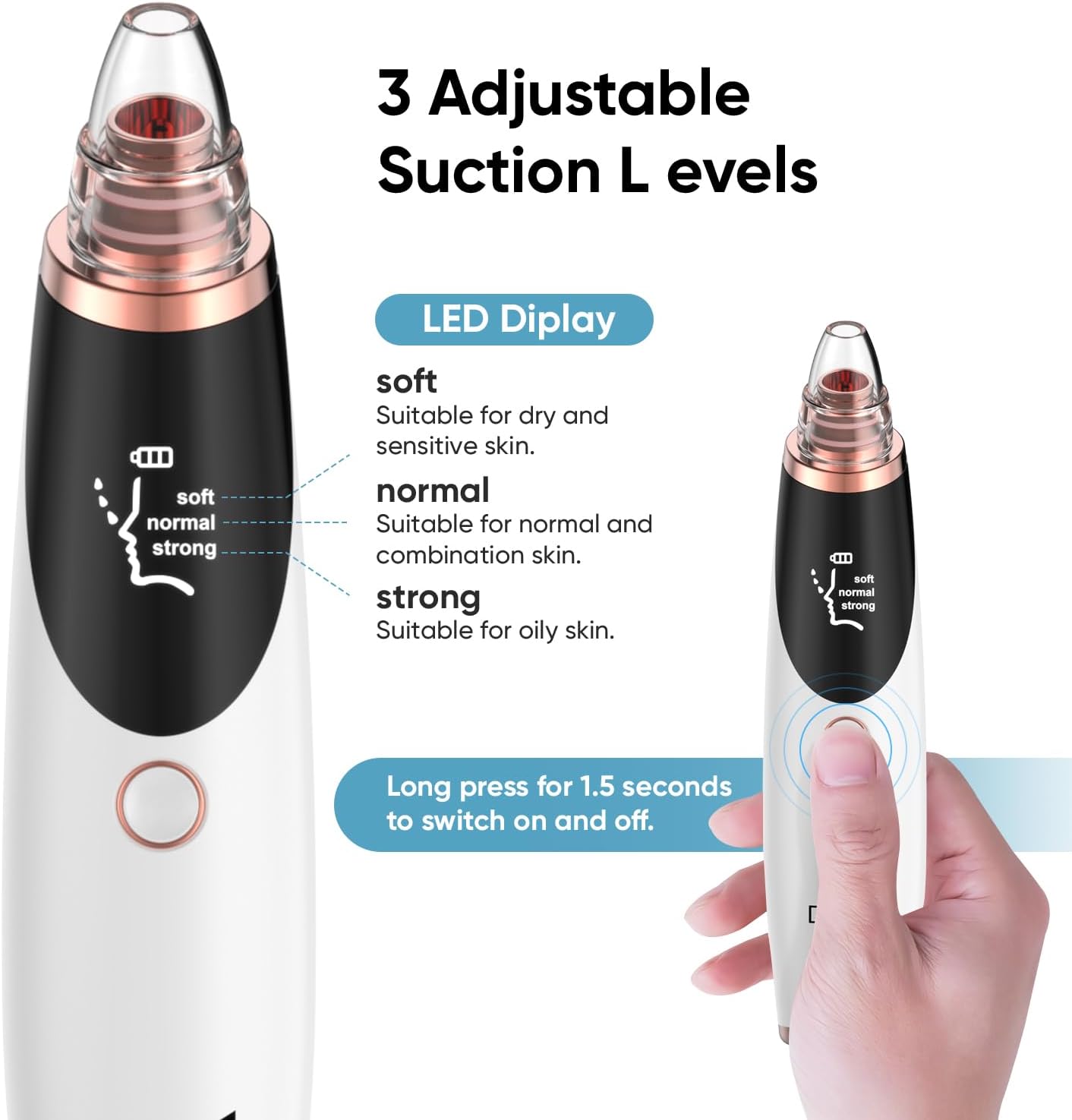 Deep Cleansing Blackhead Remover Vacuum – USB Rechargeable Pore Cleaner with 3 Suction Levels & 5 Tips