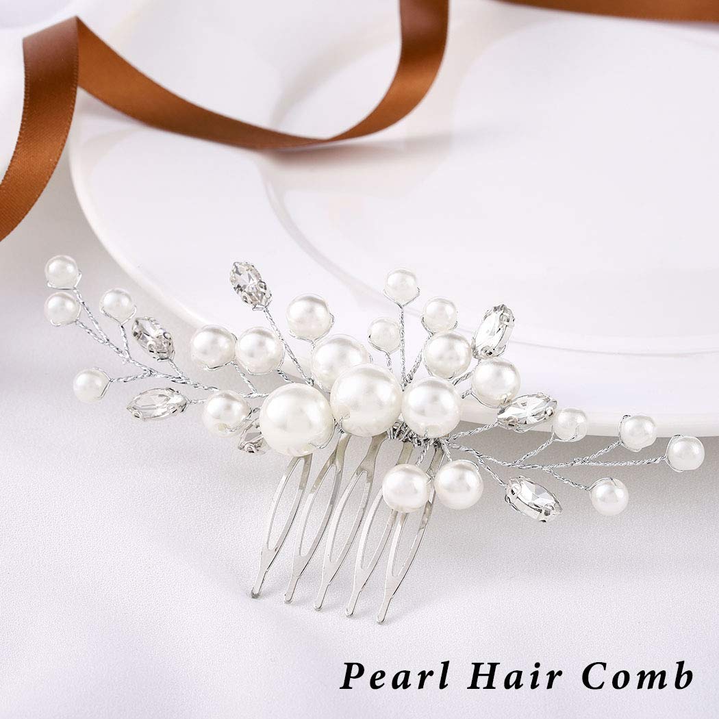 Evild Pearl Hair Accessories Wedding Hair Comb Silver Rhinestone Hair Piece for Women(Silver)