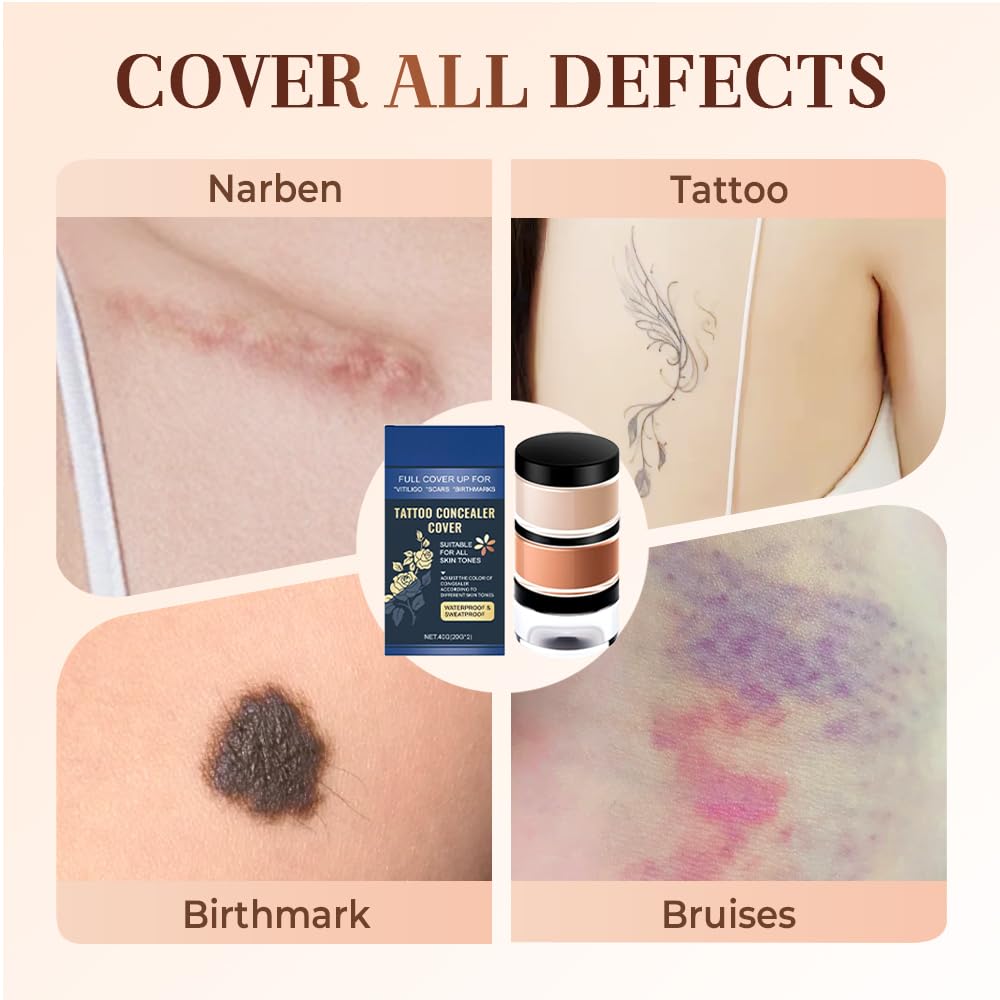 Tattoo Cover Up Makeup Waterproof, 2025 New 2 Colors Full Coverage Concealer for Tattoos, Tattoo Concealer Makeup Full Coverage Concealing Cream, Scars & Dark Spots, Sweatproof (3 pcs)