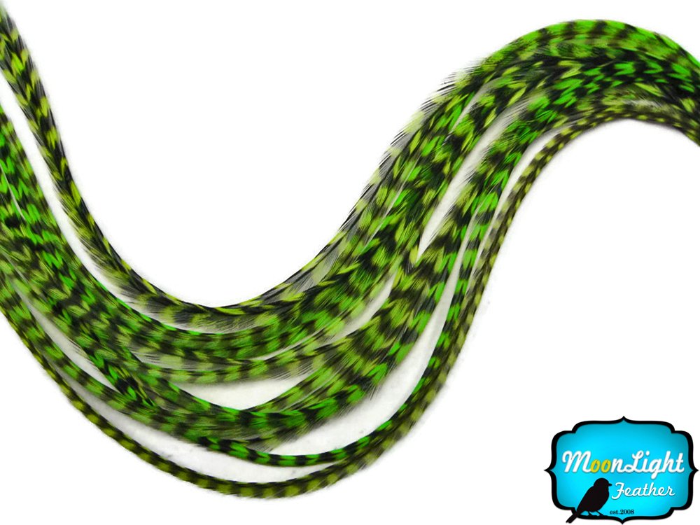 Hair Extension Feathers, Rooster Feathers - Lime Green Thin Long Grizzly Rooster Hair Extension Feather & Silicon Bead
