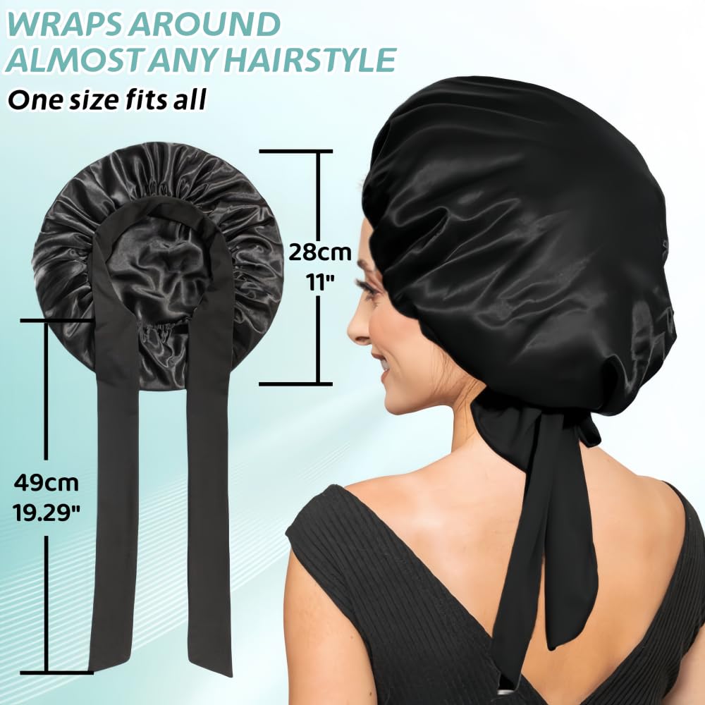 VECIIR Silk Bonnet for Sleeping Women, Ajustable Hair Bonnet for Curly Hair with Tie Band Shower Caps Black,Large